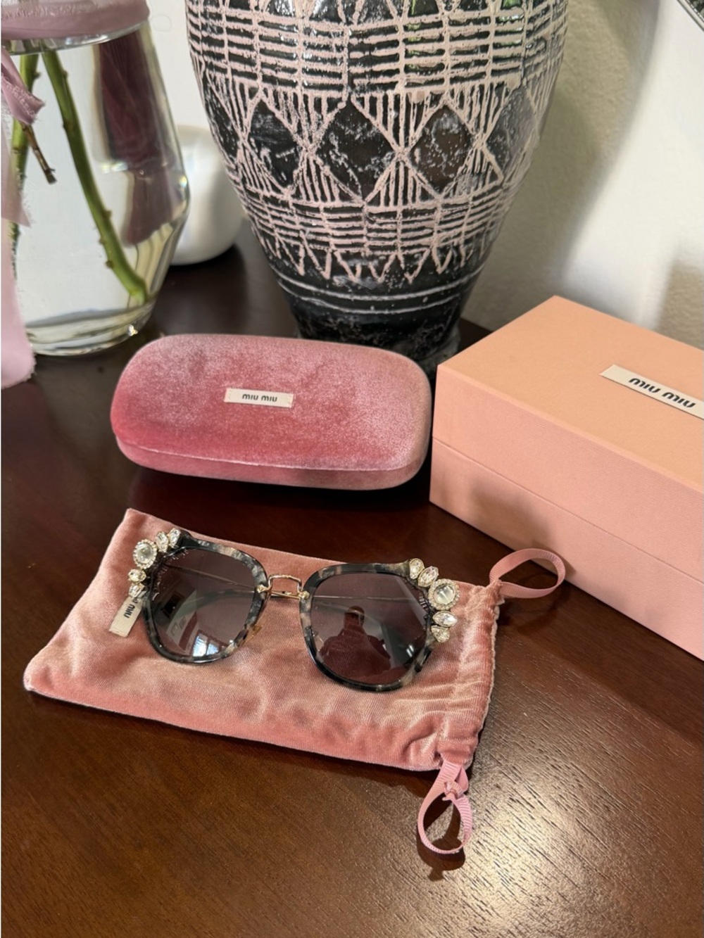 Miu Miu Tortoiseshell Sunglasses with Crystal Embellishments